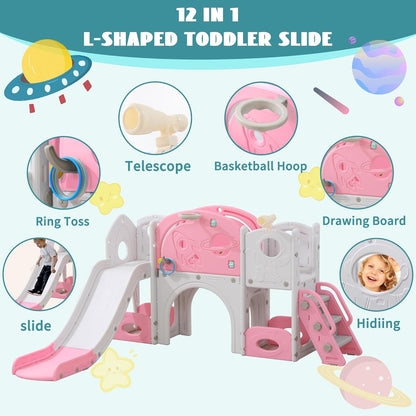 11in 1 Toddler Slide, Kid Slide for Toddlers Age 1-3 with Telescope, Basketball Hoop, and Telescope, Indoor Outdoor Playset Playground Blue Grey