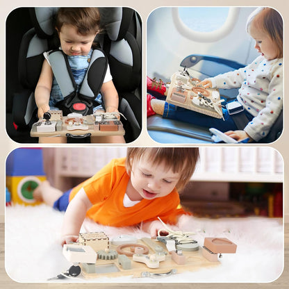 Joyreal Wooden Busy Board for Toddlers, Montessori Toys for 1 2 3 Year Old, Sensory Activity Board with Music Box & 10 Motor Skill Activities, Educational Travel Toys Gift for Boys Girls