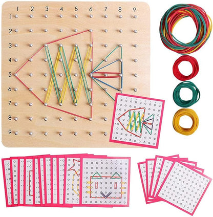 Skrtuan Wooden Geoboard with Pattern Cards & Rubber Bands, Montessori STEM Educational Toy for Kids 3-5 5-8 Years Old, Brain Teaser Puzzle Game for Geometry Learning and Creative Shapes
