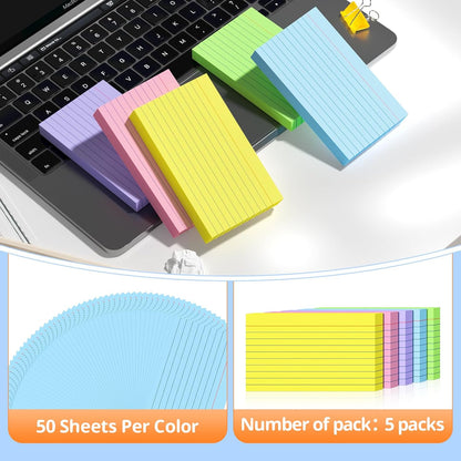 Index Cards 3x5 Inches, 300 PCS, Colored Flash Cards With Ring, Punched Lined Study Card Ruled Flashcards Notecards, Ruled Front And Blank Back, Note Card for School, College And Home