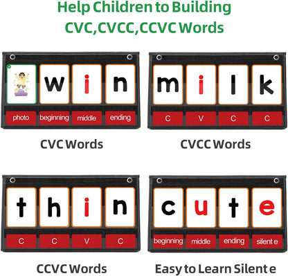 ANSTROUT CVC Word Builder Desktop Pocket Chart with 107 Phonics Flash Cards, Kids Word Builder Games for Learn to Read CVC CVCC CCVC Words, Phonics Learning Tool for Preschool Kindergarten Classroom.