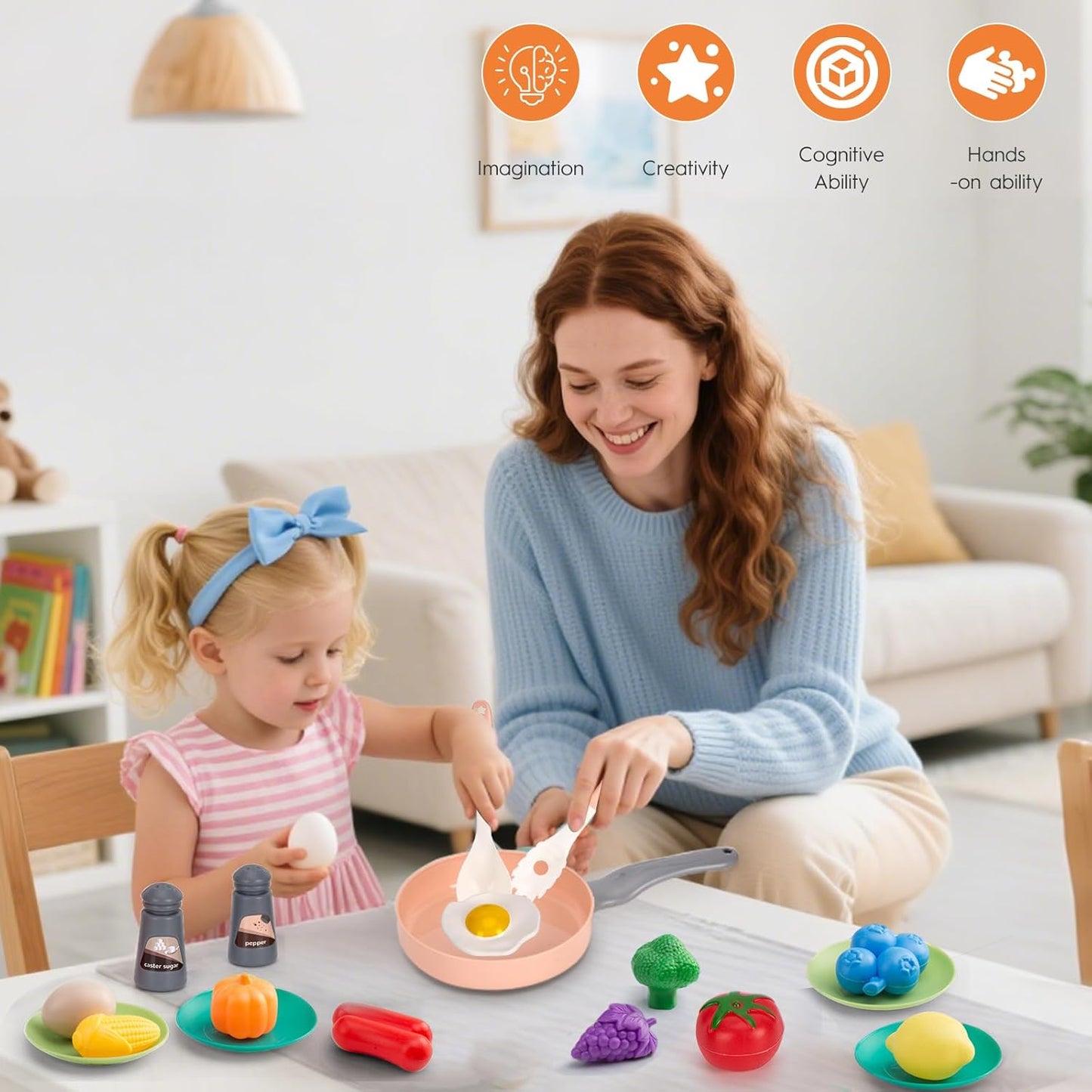 150Pcs Kitchen Playset, Toddlers Pretend Cooking Cookware Accessories, Food, Picnic Blanket, Fruits, Veges, 2Pack Shopping Storage Basket, Dessert and Prop Money, Gift for Kids (Pink)
