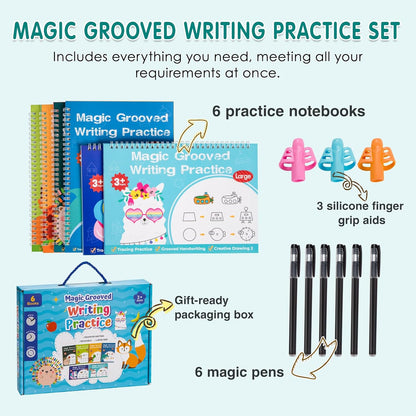 Magic Grooved Writing Practice, Tiny Thinkers Reusable Indented Handwriting Practice for Kids 3-5, Your Little Explorer Motor Magic Happy Writer System Children Set Age 6-8 for Preschool Kindergarten