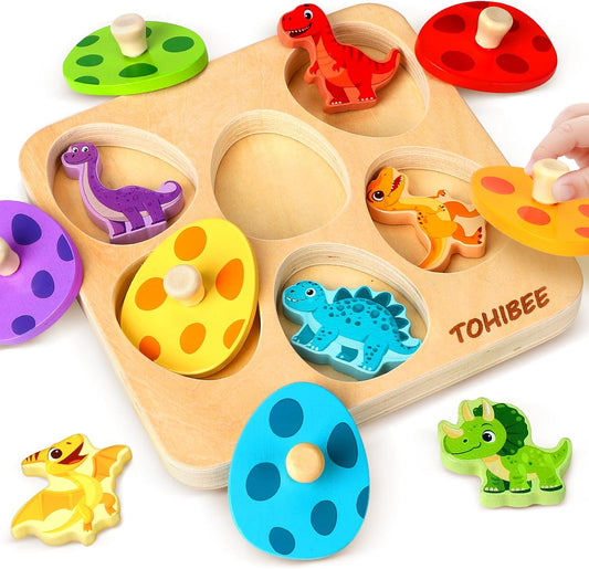 Easter Wooden Puzzles for Toddlers 1-3, Dinosaur Egg Sorting & Matching Peg Puzzle, Preschool Montessori Educational Toys for 1 2 3 Year Old Boys Girls, Easter Basket Stuffers Gifts Party Favors