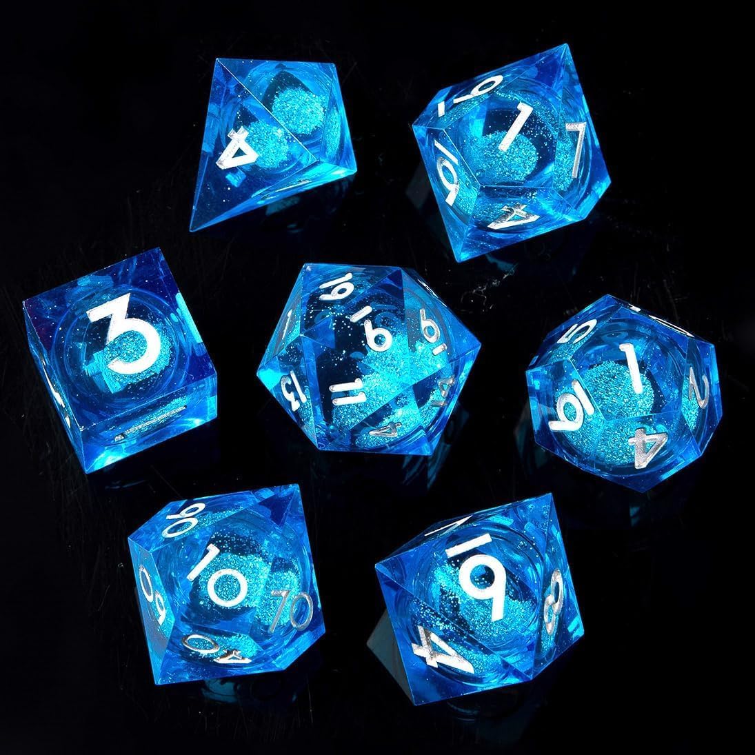 Liquid Core DND Dice Set, 7pcs Sharp Edge Dice for Role Playing Dungeons and Dragons Ttrpg with Gift Box, Handmade Resin D&D Dice RPG Role Playing Games Dice Set(Blue Gold)