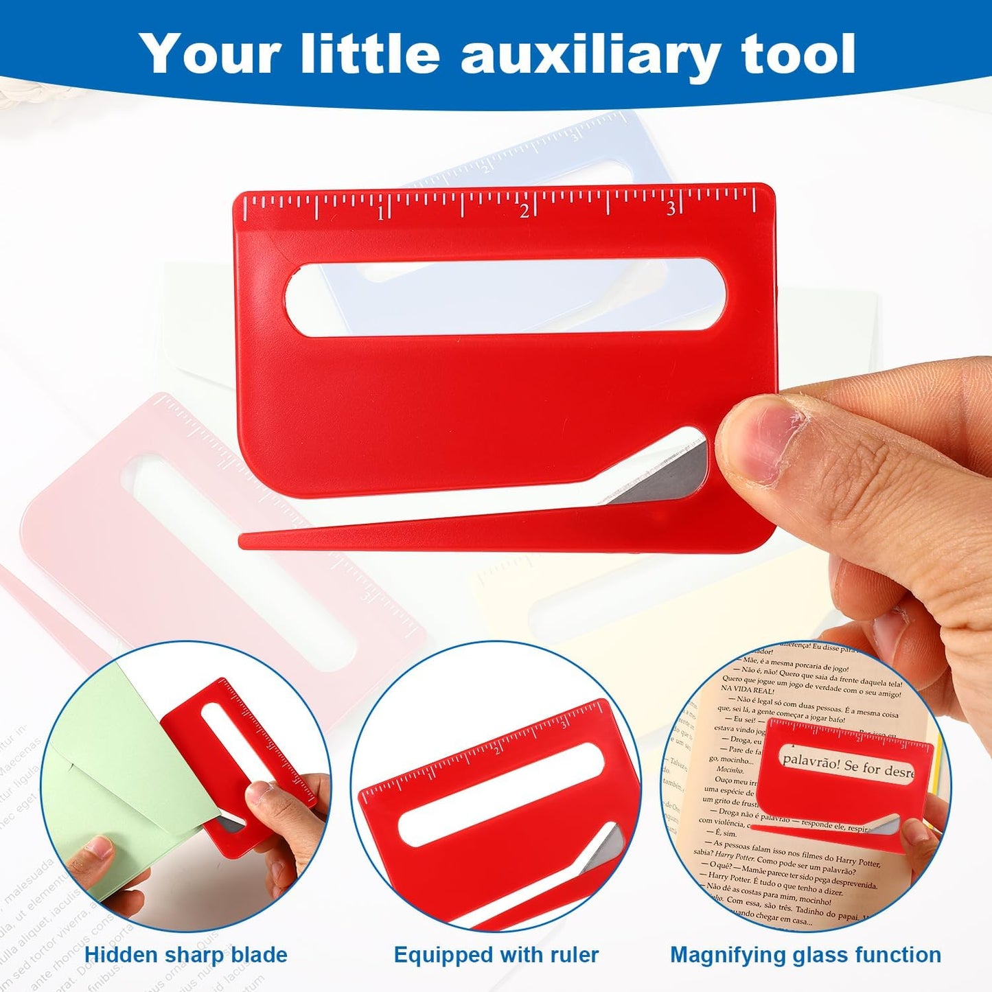Lyreh 3pcs Magnetic Letter Openers, 3 Colors Envelope Opener Slitter Mail Cutter Tool with Scale and Magnifier with Transparent Storage Case for Women Package Home Office Supplies(Red, Yellow, Blue)