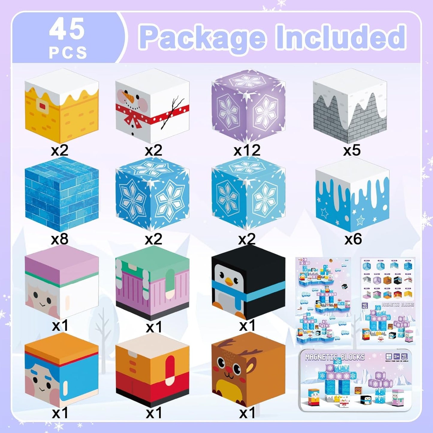 QOUBAI 45PCS Mini Magnetic Blocks Travel Toys, Magnet Building Cubes Tiles Set with Portable Iron Case, Learning Activities Gifts for Kids Toddlers Boys & Girls Ages 3-8 (Construction)