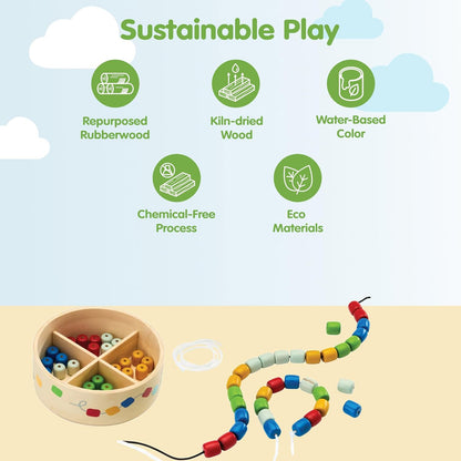 PlanToys® Threading Beads | Montessori Wooden Bead Stringing Toy for Toddlers 6M+ | Develops Fine Motor Skills, Hand-Eye Coordination & Sequencing | 60 Beads with 3 Strings & Storage Box
