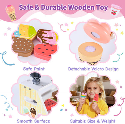 Mini Wooden Ice Cream Toys for Kids Pretend Play Kitchen Food Toys, Counter Shop Playset for Toddlers with Scoop & Menu & Fake Money for 3 4 5 6 Year Old Girls Boys Christmas Birthday Gifts