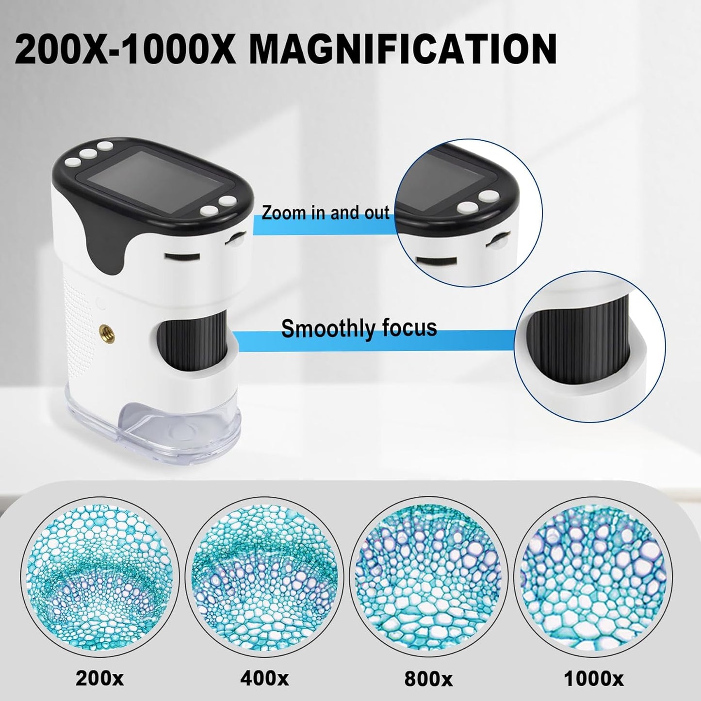 1000X Handheld Digital Microscope for Kids 2'' HD Screen 4K Rechargeable Mini Pocket Microscope with Slide Kit, Microscope Stand, 32G SD Card for Education Gift Age 4-6 8-12 Children