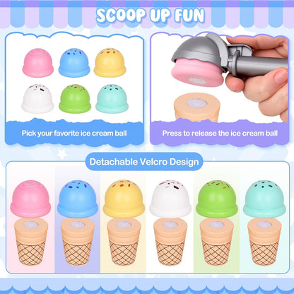 Wooden Ice Cream Toy, Ice Cream Counter Playset for Kids, Toddler Pretend Play Kitchen Accessories with Colorful Apron, Scoop, Menu, Fake Money, Birthday Gift Toys for 2 3 4 5 6 Year Old Boys Girls