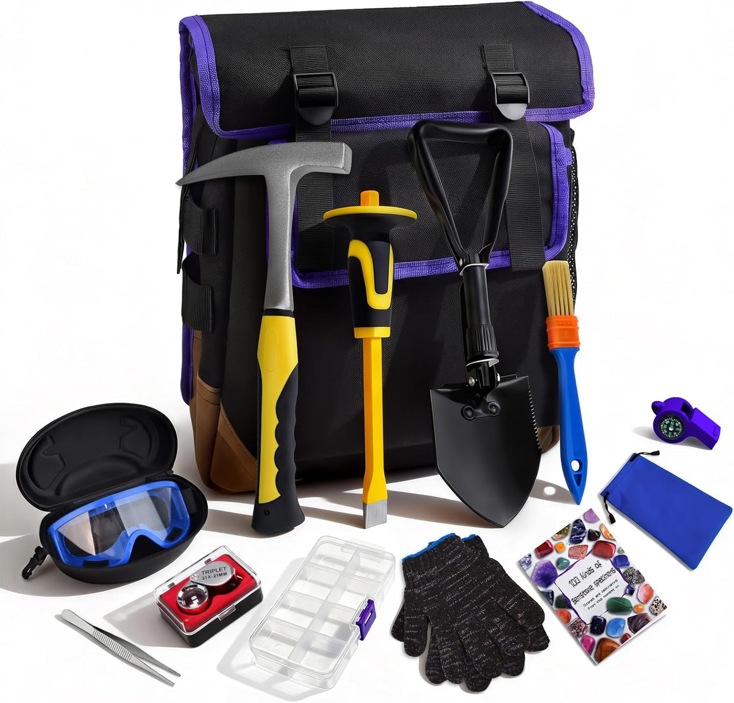 14PCS Geology Rock Hounding Kit, 30oz Rock Pick Hammer with 12" Chisel, Gold Mining & Prospecting Equipment Tool with Backpack, Shovel, Magnifier, Whistle