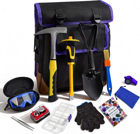 14PCS Geology Rock Hounding Kit, 30oz Rock Pick Hammer with 12" Chisel, Gold Mining & Prospecting Equipment Tool with Backpack, Shovel, Magnifier, Whistle