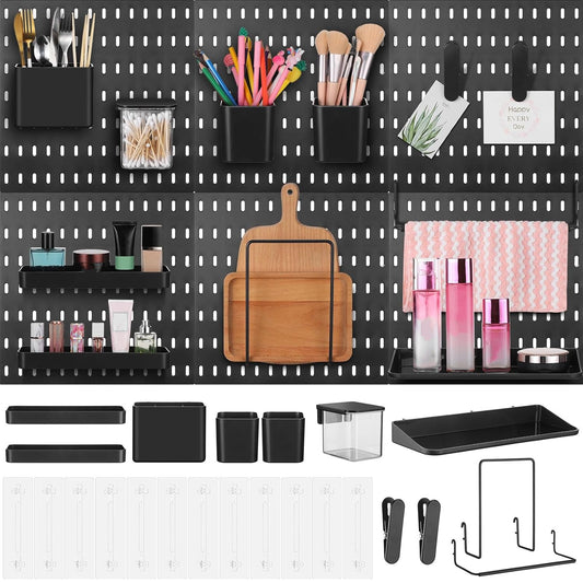 Unittype 17 Pcs Peg Board Combination Kit, 6 Plastic Wall Pegboard with 11 Accessories, 33" x 22" Desk Pegboard Organizer with Shelf Hook for Office, Kitchen, Gaming, Garage, Craft Room(Black)