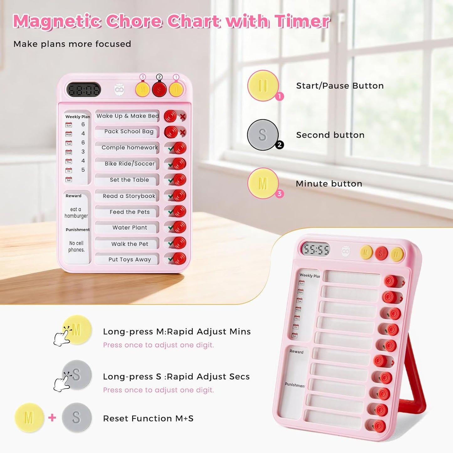 Magnetic Chore Chart for Kids, ADHD Tools for Kids to Do List Checklist Task Board Routine Chart Visual Schedule for Fridge with 10 Sliders and Magnetic Marker - White