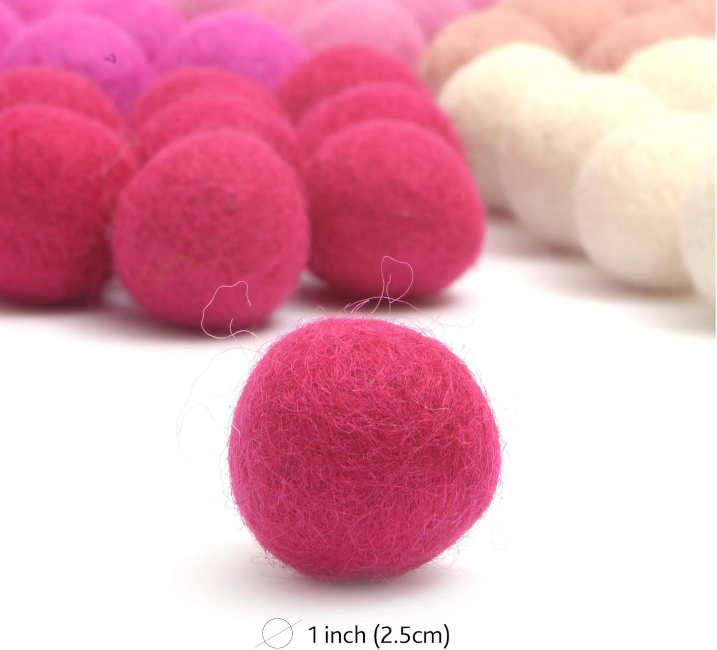 Glaciart One Wool Felt Balls (50 Pieces) 2.5 Centimeters - 1 Inch, Handmade Felted 5 Valentines Colors (Baby Pink, Medium Pink, Magenta and More) - Bulk Small Puff for Felting and Garland
