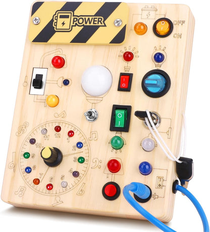Hoarosall Montessori Wooden Busy Board with 8 LED Light switches, Sensory Toys Light Switch Travel Toys for 1+ Year Old Baby and Toddler