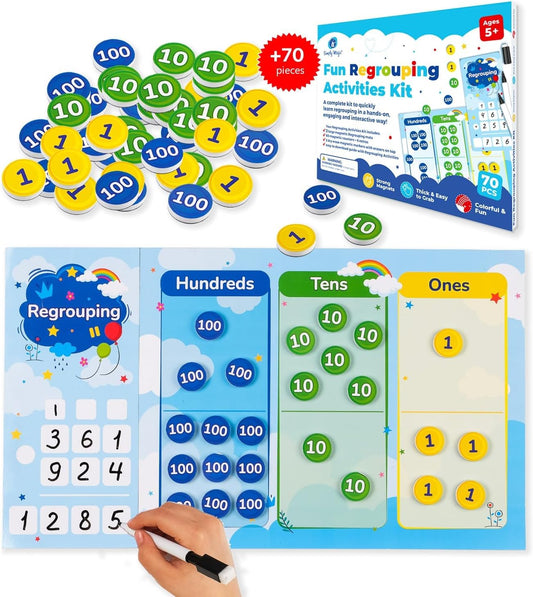 70 PCS Magnetic Regrouping Activities Kit, Place Value Manipulatives 1st 2nd 3rd 4th Grade, Place Value Chart Mat Magnets, Magnetic Place Value Discs, Base 10 Ten Math Manipulatives - Simply Magic