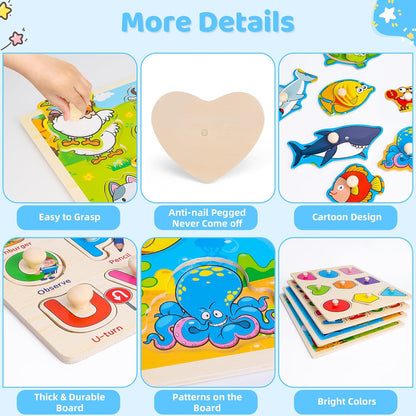 Wooden Peg Puzzles for Toddlers 2 3 4 Year Old, 4 Pack Montessori Toys Preschool Learning Puzzles for Toddlers 1-3 with Animals, Shapes, Alphabet, Wooden Toddler Toys Gifts for Kids Boys Girls