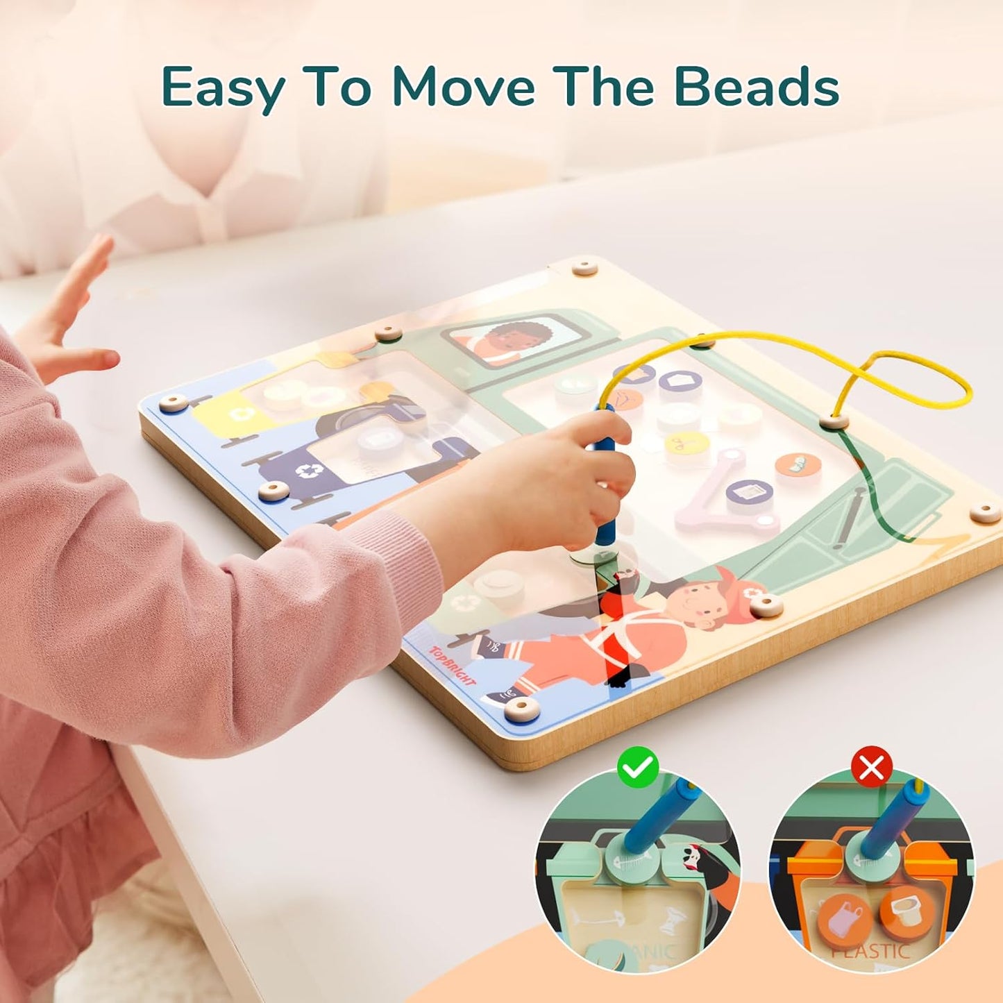 TOP BRIGHT Wooden Magnetic Maze Board for 3 4 5 Years Old, Wooden Activity Board, Learning Color Recognition Magnetic Beads Fine Motor Toys for Kids Age 3+ Years Old Boy Girl