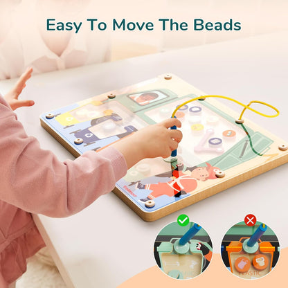 TOP BRIGHT Wooden Magnetic Maze Board for 3 4 5 Years Old, Wooden Activity Board, Learning Color Recognition Magnetic Beads Fine Motor Toys for Kids Age 3+ Years Old Boy Girl