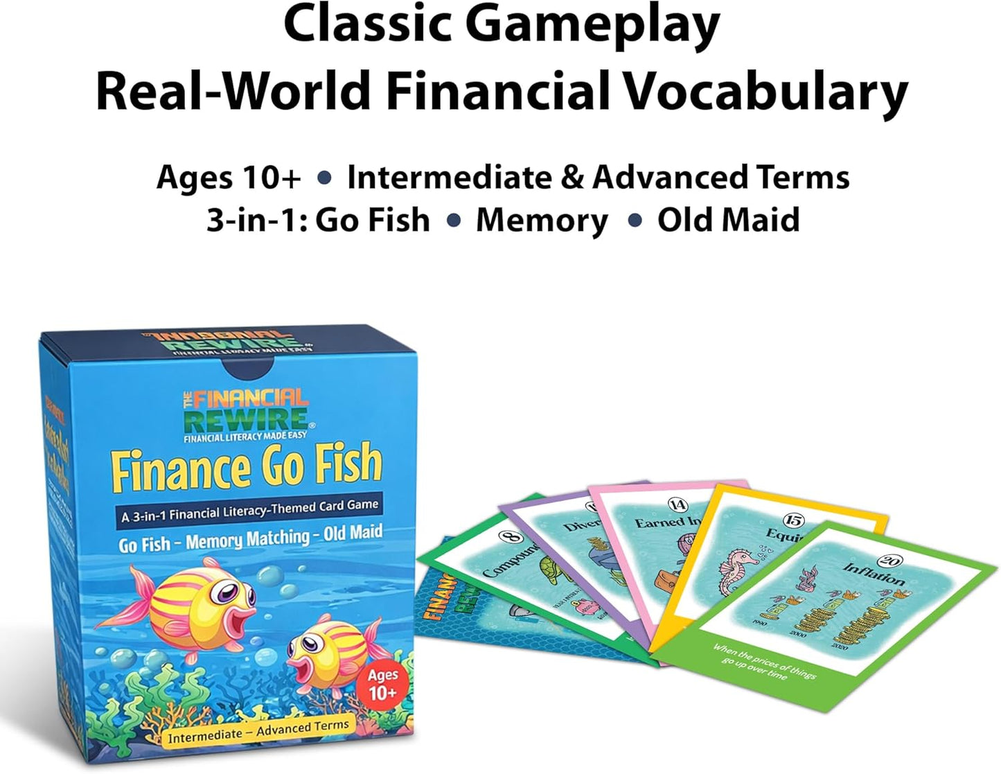 Finance Go Fish – 3-in-1 Financial Literacy Card Game for Kids Ages 5–12 | Go Fish, Memory & Old Maid | Educational Money Vocabulary Deck (Combo)