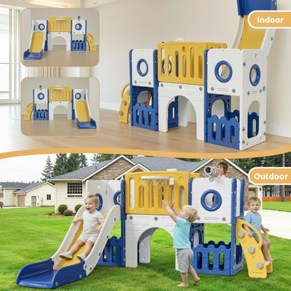 Arlopu 9 in 1 Toddler Slide Set, Kids Large Climber Slide Playset w/Long Slope, Telescope, Storage Space, Enclosed Steps, Indoor Outdoor Playground (White & Gray)