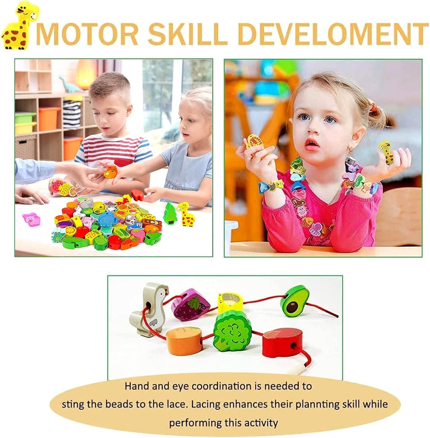 46 PCS Montessori Wooden Lacing Beads Toys for Toddlers,Educational Stringing Animals Fruits Farm Threading Beads Preschool Learning Toys for Kids 3 4 5 6 Year Old Boys Girls…