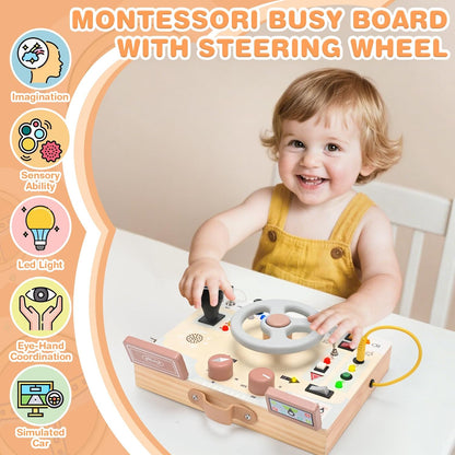 Joyreal Wooden Busy Board with LED Light, Montessori Toddler Toys, Wooden Sensory Board, Toddlers Activity Travel Toys for Boy & Girl Birthday Gift (Farm Theme)