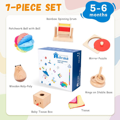 Adena Montessori Play Kit for 3-4 Months Baby,8 in 1 Wooden Learning Educational Toys for Toddler,Include Framed Mirror Book,High-Contrast Cards and More,Christmas Birthday Gift for Boys Girls
