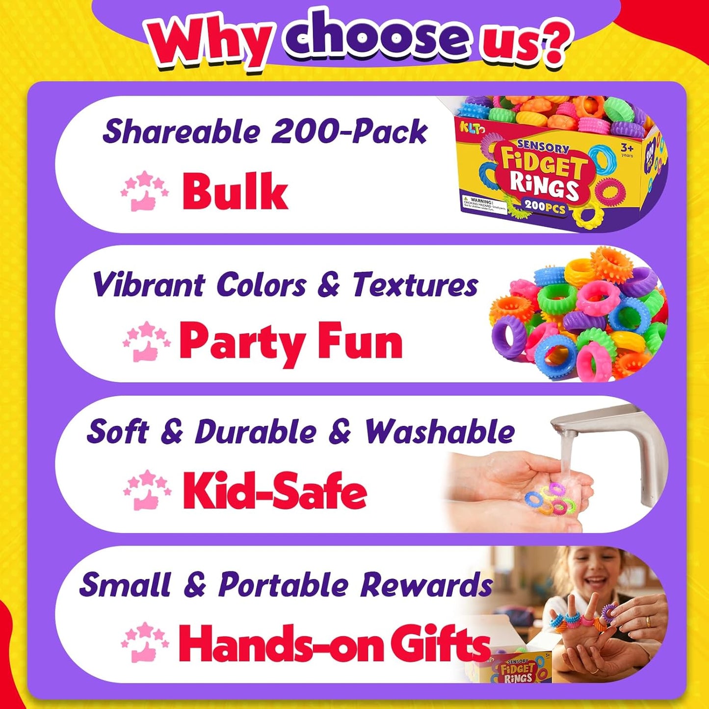 KLT Fidget Toys Bulk for Kids: 200pcs Textured Fidget Ring - Classroom Prize Box Filler - Party Favor Treasure Chest & Goodie Bags Stuffers - ADHD Autism Kids Sensory Calming Toy
