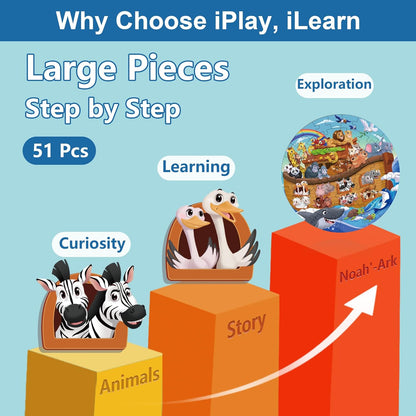 iPlay, iLearn Toddlers Noah's-Ark Wooden Animal Puzzles, Kids Floor Puzzles for Ages 3-5, 4-8, Large 51 Pieces Round Jigsaw Puzzle Educational Toys, Birthday Gift for 6 7 Years Old Boys Girls Children