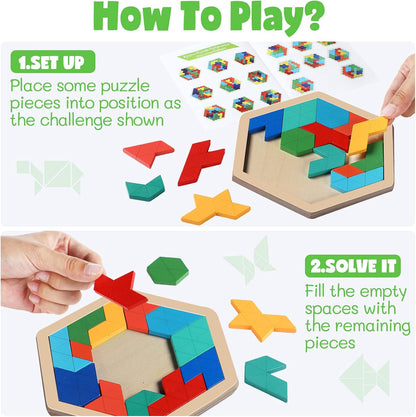 Yunsailing 3 Pack Large Hexagon Tangram Puzzle Wooden Brain Puzzles for Adult Challenge Wood Russian Blocks Brain Teasers Geometric Jigsaw Block Logic Iq Stem Family Graduation Gifts(Vintage)