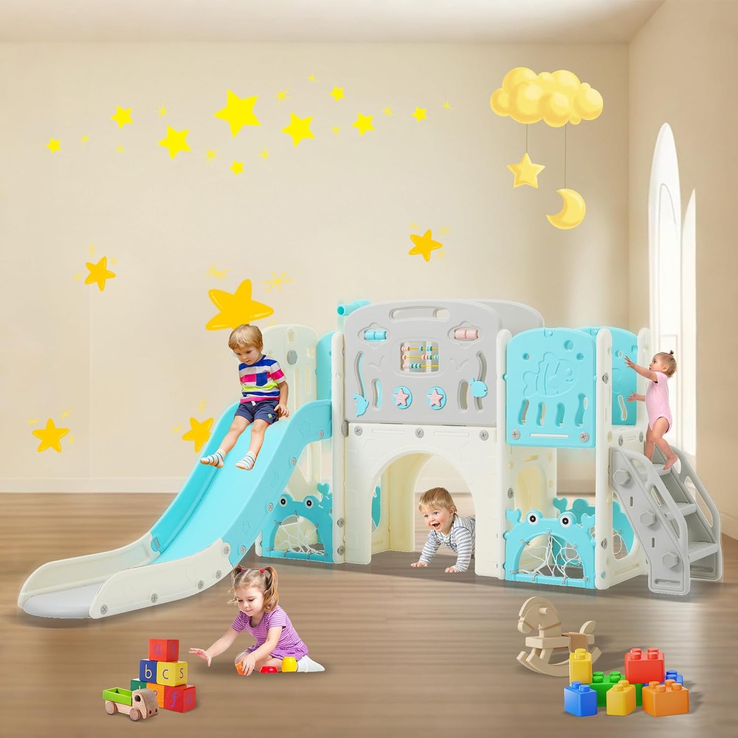 11in 1 Toddler Slide, Kid Slide for Toddlers Age 1-3 with Telescope, Basketball Hoop, and Telescope, Indoor Outdoor Playset Playground Blue Grey