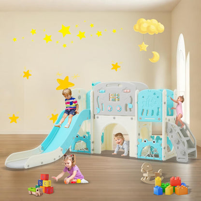 11in 1 Toddler Slide, Kid Slide for Toddlers Age 1-3 with Telescope, Basketball Hoop, and Telescope, Indoor Outdoor Playset Playground Blue Grey