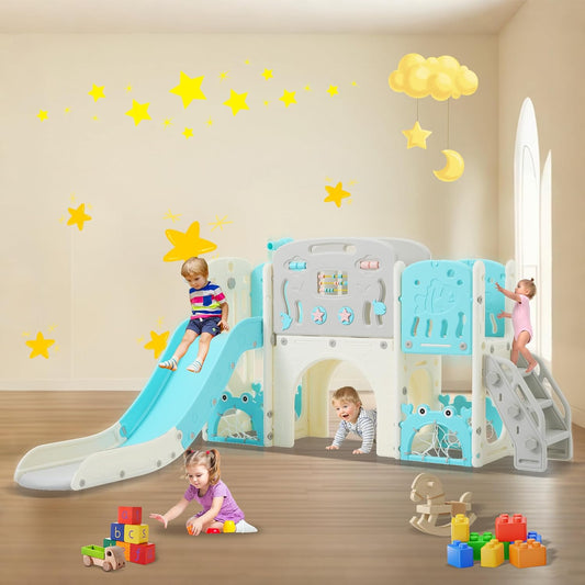 11in 1 Toddler Slide, Kid Slide for Toddlers Age 1-3 with Telescope, Basketball Hoop, and Telescope, Indoor Outdoor Playset Playground Blue Grey