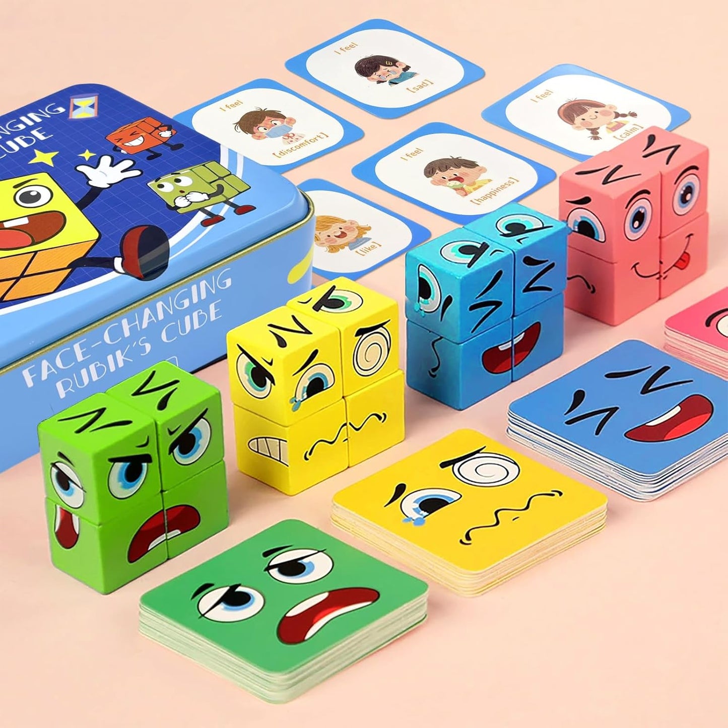 Wooden Face Changing Magic Cube Game, Montessori Puzzle Game for Kids Educational Face Changing Cubes