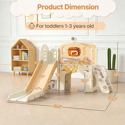 BIERUM 9 in 1 Toddler Slide, Kid Slide for Toddlers Age 1-3 with Ring Toss, Basketball Hoop, and Telescope, Indoor Outdoor Playset Playground Beige Gray