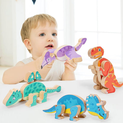 Wooden Dinosaur Blocks, Snap Together Building Toys, Dinosaur Take Apart Toy Playset for Kids, Fine Motor Skill STEM Learning Toys for Toddlers Gift for 3 4 5 6 Years Kids