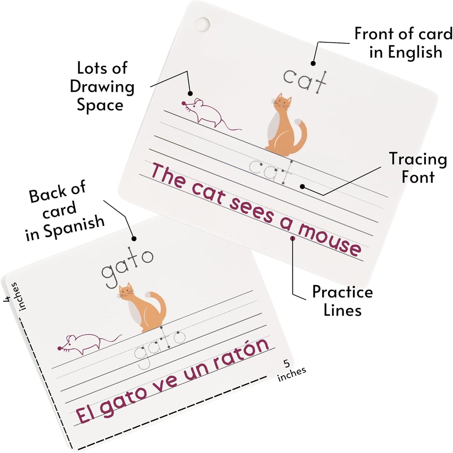 Dry Erase Spanish Flash Cards for Kids | English - Spanish Alphabet Flash Cards for Beginners - Set of 200 ESL Teaching and Learning Bilingual Flashcards for Writing and Reading Games.