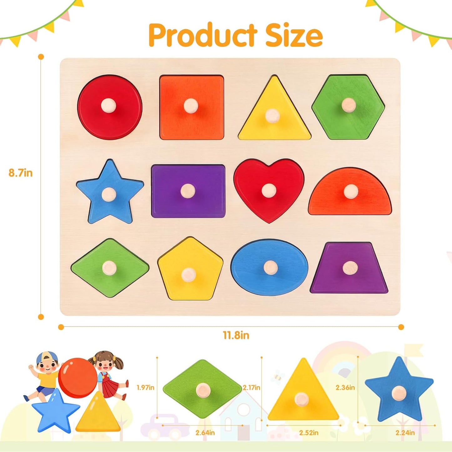 Montessori Wooden Peg Shape Puzzles for Toddlers 1-4, Sturdy Easy-Grip Educational Learning Toys, Perfect Birthday Gifts for Baby Boys Girls