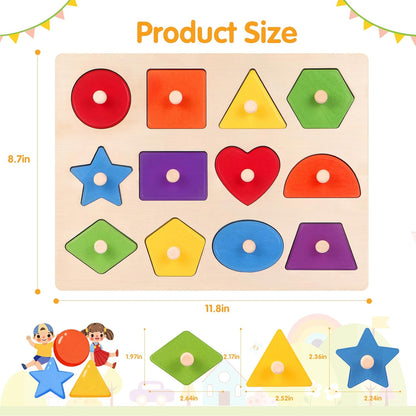 Montessori Wooden Peg Shape Puzzles for Toddlers 1-4, Sturdy Easy-Grip Educational Learning Toys, Perfect Birthday Gifts for Baby Boys Girls