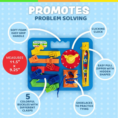 Buckle Toys Busy Board - Montessori Learning Toy for Toddlers Great Kids Road Trip Essentials - Foam Sensory Board - Develop Fine Motor Skills - Pink