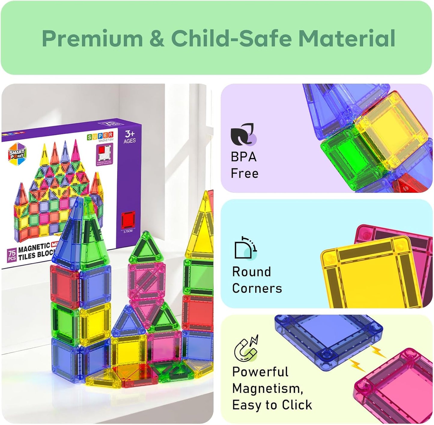Mini Magnetic Tiles, 40 PCS Travel Magnetic Tiles with Tin, Micro Magnet Travel Toy Portable for Kids Age 3+, STEM Educational Building Set Construction Toys, Boys Girls Toddlers Birthday Gifts