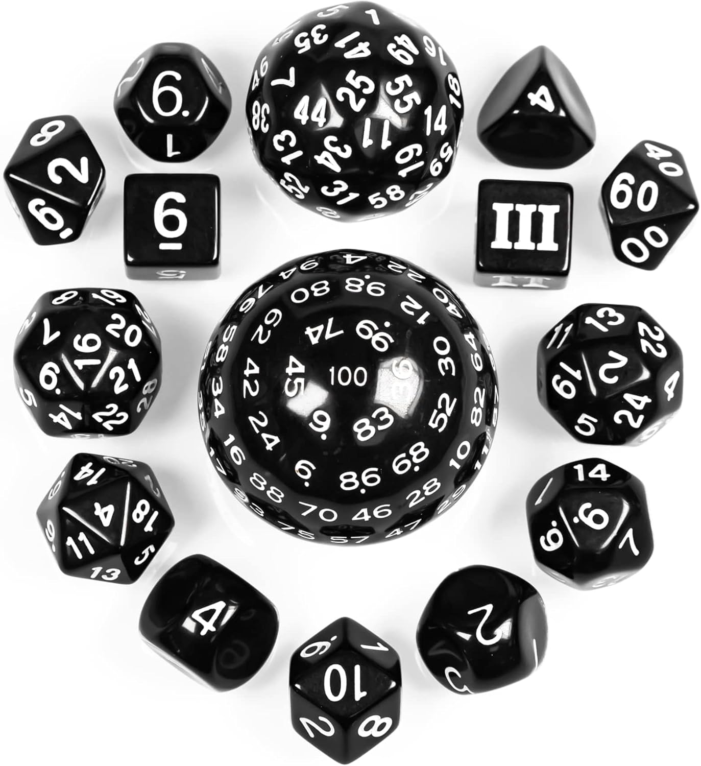 15 Pieces Complete Polyhedral DND Dice Set D3-D100 Spherical D&D Dice Set with Dragon Eye Dice Bag, D100 Dice for RPG Table Games(Black w/Purple Numbers)