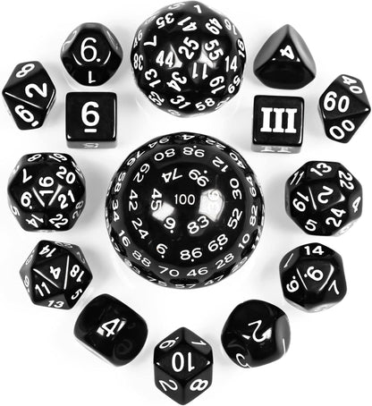 15 Pieces Complete Polyhedral DND Dice Set D3-D100 Spherical D&D Dice Set with Dragon Eye Dice Bag, D100 Dice for RPG Table Games(Black w/Purple Numbers)