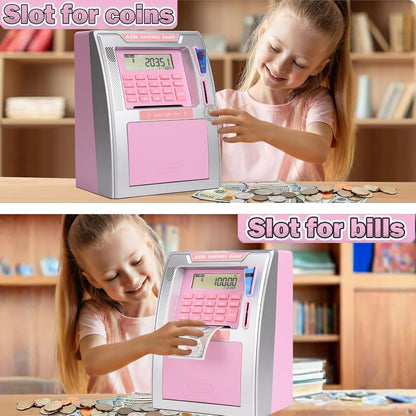 Fishboy Talking Pink ATM Piggy Bank for Kids with Dual Debit Cards, Power-Off Memory, Auto-Opening Drawer for Real Money for Girls, Onekey Shutdown, Bill Feeder, Coin Recognition, Balance Calculator