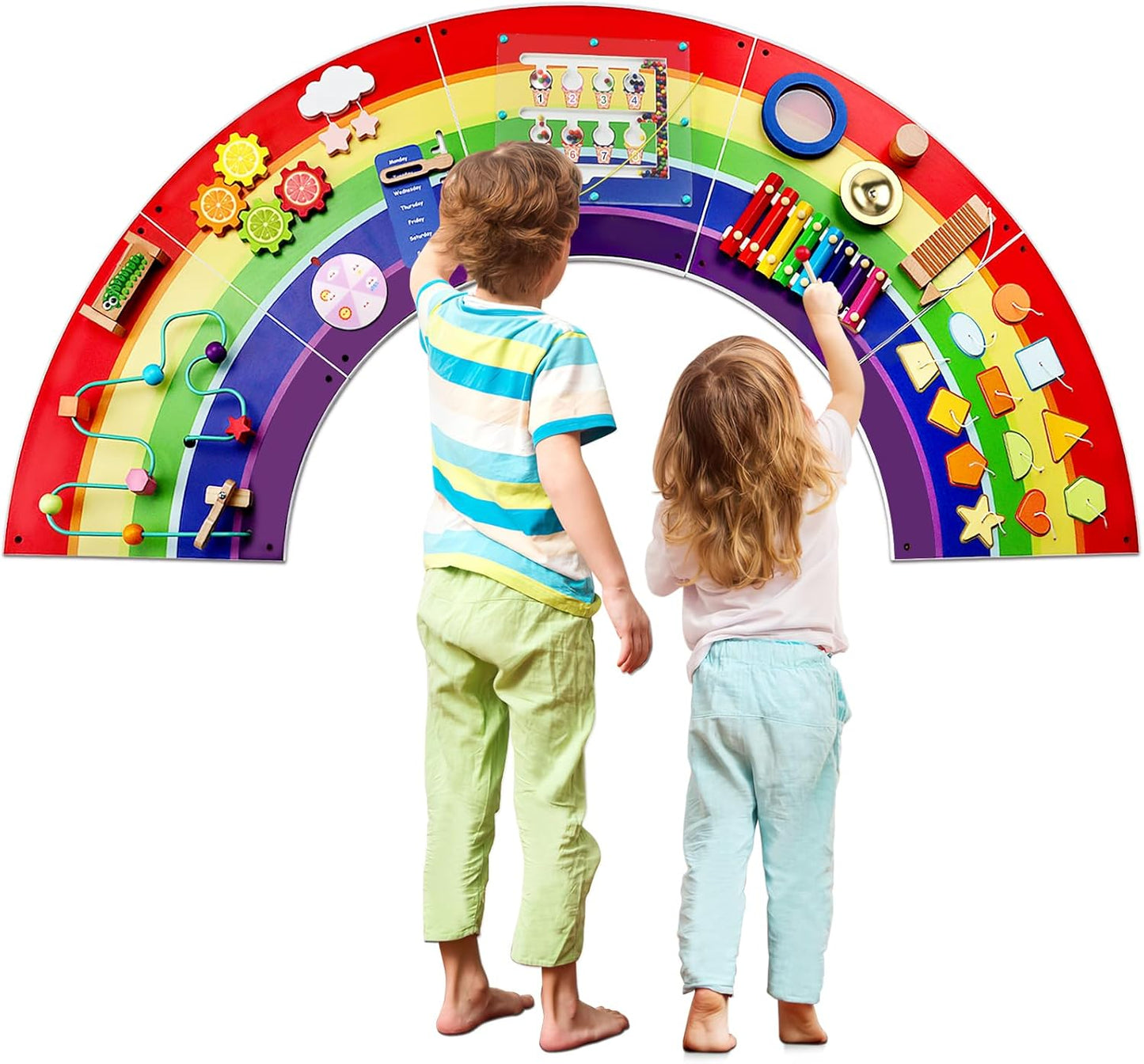 Rainbow Sensory Wall Panel for Toddlers 1-3 - Large Wooden Busy Board Wall Mount - 13-in-1 Montessori Activity Center for Daycare, Autism Sensory Room, Preschool Learning & Nursery Decor