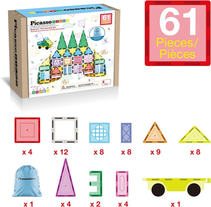 PicassoTiles 101 Piece Magnetic Tile Building Blocks Set with Durable Storage Bag STEM Educational Construction Magnet Toy Kit for Toddlers Preschool Kids Boys Girls Age 3 Plus Indoor Learning PT06