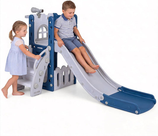 HONEY JOY Toddler Slide, 6 in 1 Freestanding Slide for Kids, Indoor Outdoor Castle Climber Playset Gym w/Basketball Hoop, Ball, Telescope, Storage, Playground Baby Slide for Boys Girls (Blue)